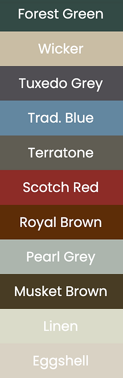 Gutter color options: Forest Green, Wicker, Tuxedo Grey, Trad. Blue, Terratone, Scotch Red, Royal Brown, Pearl Grey, Musket Brown, Linen, Eggshell