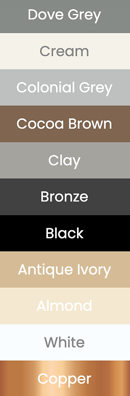 Gutter color options: Dove Grey, Cream, Colonial Grey, Cocoa Brown, Clay, Bronze, Black, Antique Ivory, Almond, White, Copper